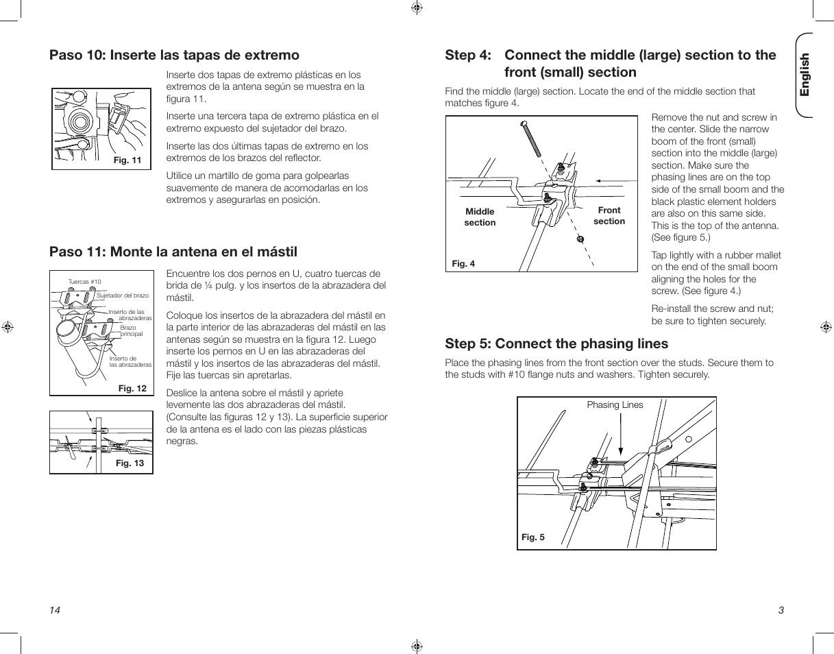 Paso 11: monte la antena en el mástil, Paso 10: inserte las tapas de extremo, Step 5: connect the phasing lines | RCA ANT3038XR User Manual | Page 3 / 8