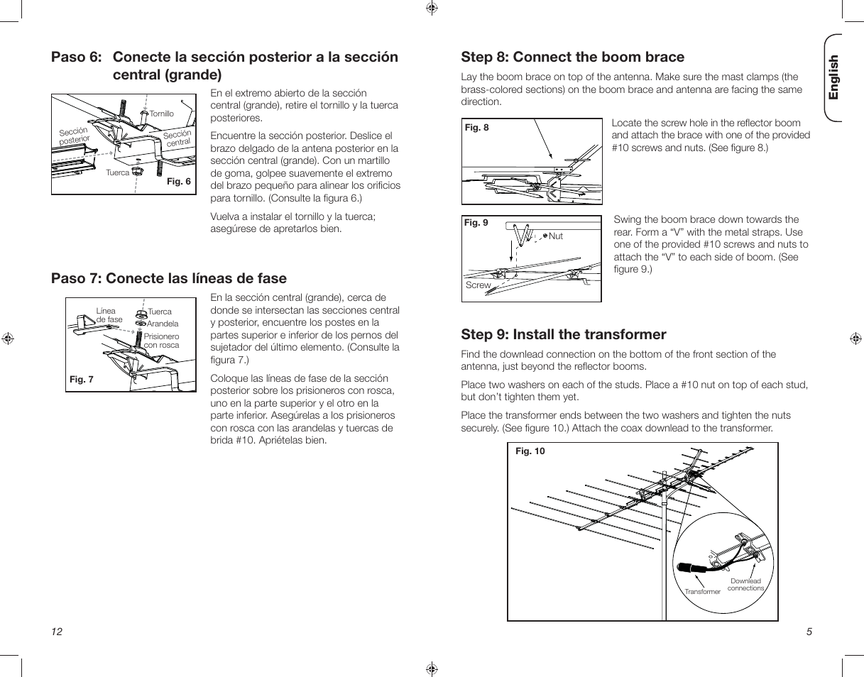 Paso 7: conecte las líneas de fase, Step 8: connect the boom brace, Step 9: install the transformer | RCA ANT3038XR User Manual | Page 5 / 8