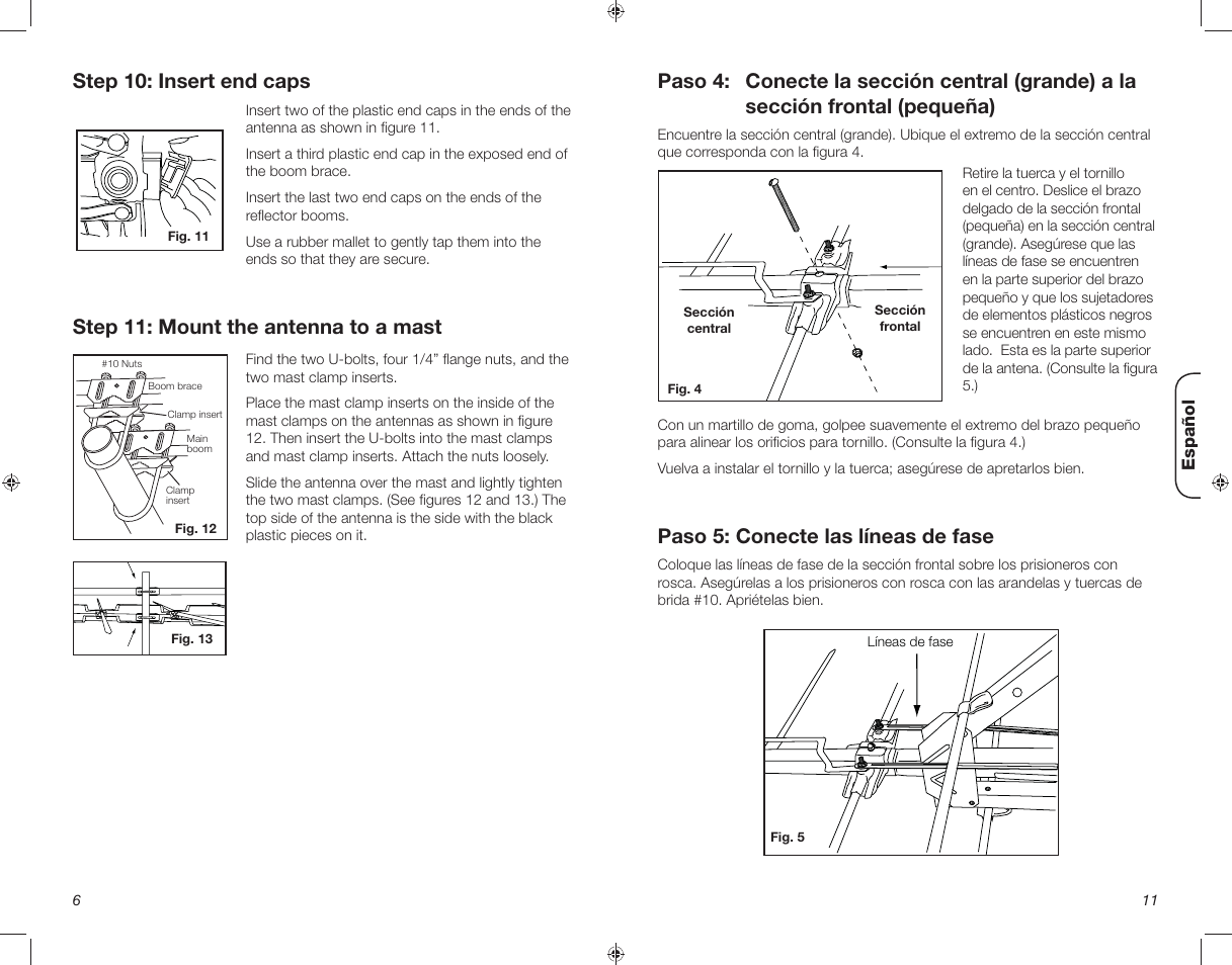 Step 11: mount the antenna to a mast, Step 10: insert end caps, Paso 5: conecte las líneas de fase | RCA ANT3038XR User Manual | Page 6 / 8