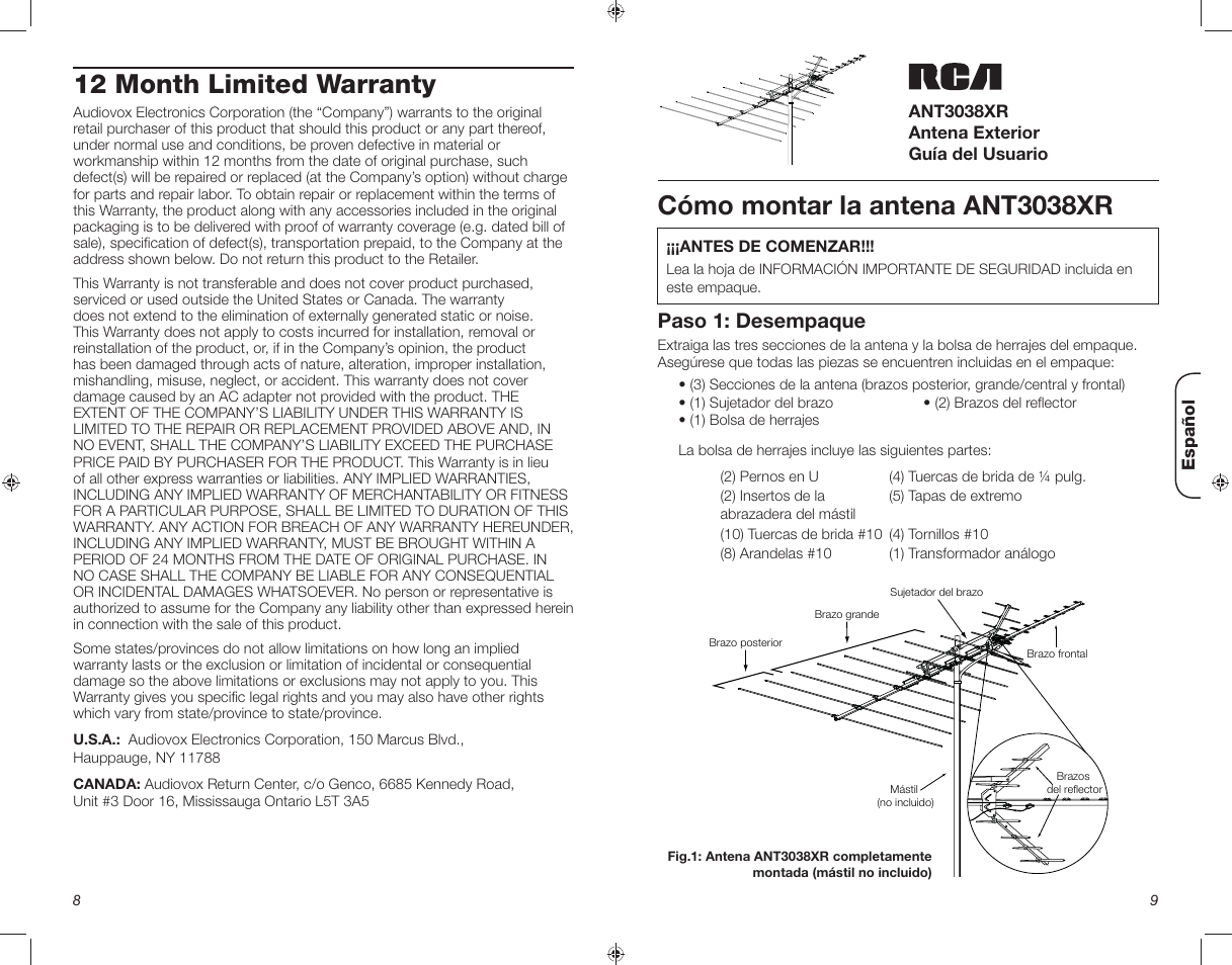 12 month limited warranty, Cómo montar la antena ant3038xr, Paso 1: desempaque | RCA ANT3038XR User Manual | Page 8 / 8