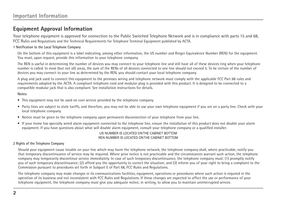 Equipment approval information, Important information | RCA 25110 User Manual | Page 2 / 92