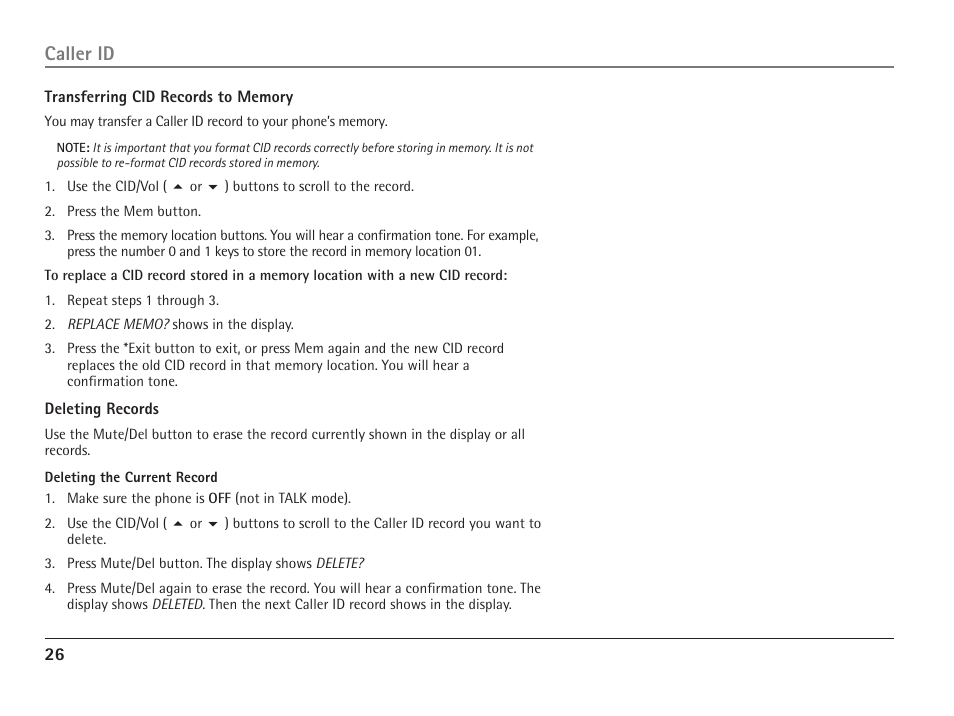 Caller id | RCA 25110 User Manual | Page 26 / 92