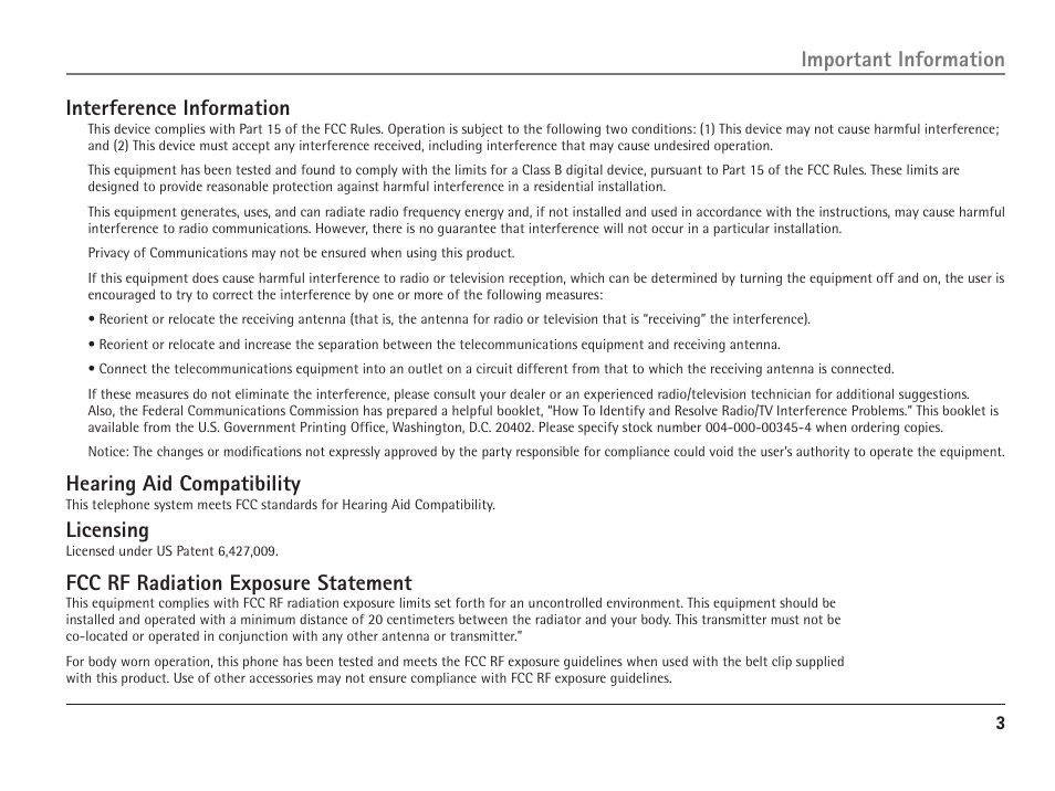 Interference information, Hearing aid compatibility, Licensing | Fcc rf radiation exposure statement, Important information | RCA 25110 User Manual | Page 3 / 92