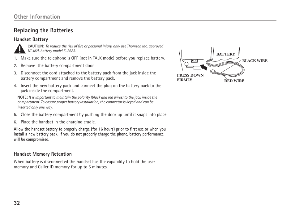 Replacing the batteries, Other information | RCA 25110 User Manual | Page 32 / 92