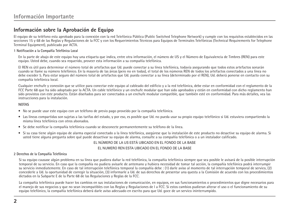 Información importante, 2información sobre la aprobación de equipo | RCA 25110 User Manual | Page 48 / 92