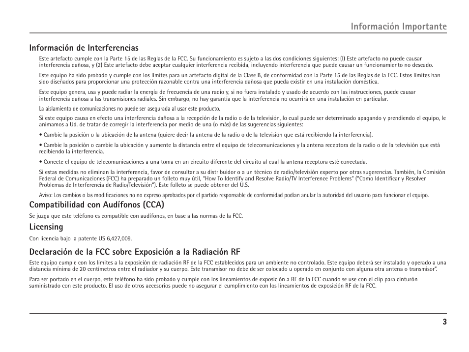 Información importante, Información de interferencias, Compatibilidad con audífonos (cca) | Licensing | RCA 25110 User Manual | Page 49 / 92