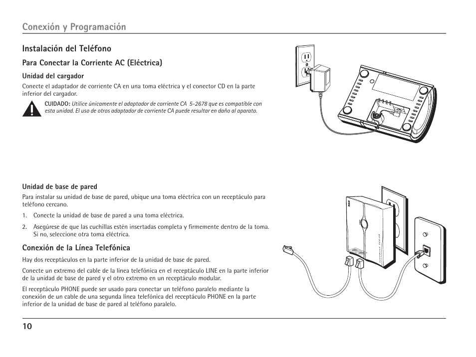 Conexión y programación, 10 instalación del teléfono | RCA 25110 User Manual | Page 56 / 92