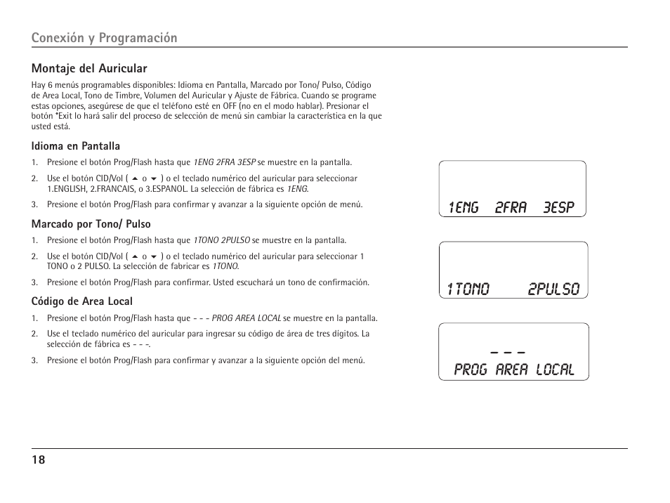 1tono 2pulso, Prog area local, Conexión y programación | RCA 25110 User Manual | Page 64 / 92