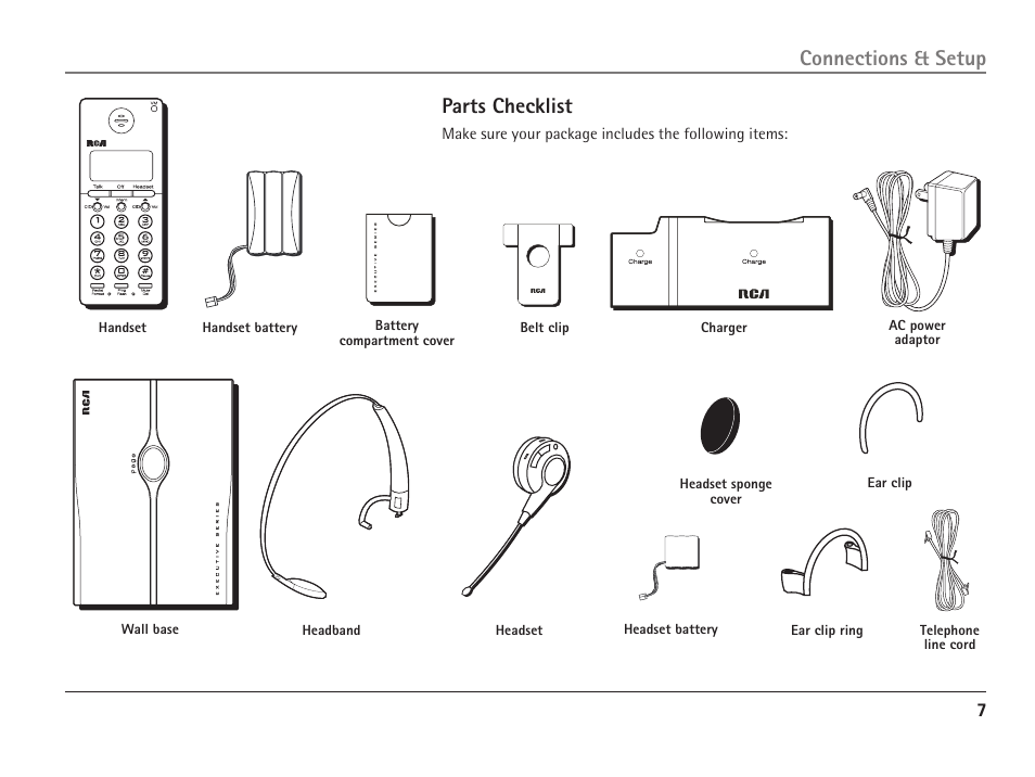 Parts checklist, Connections & setup | RCA 25110 User Manual | Page 7 / 92