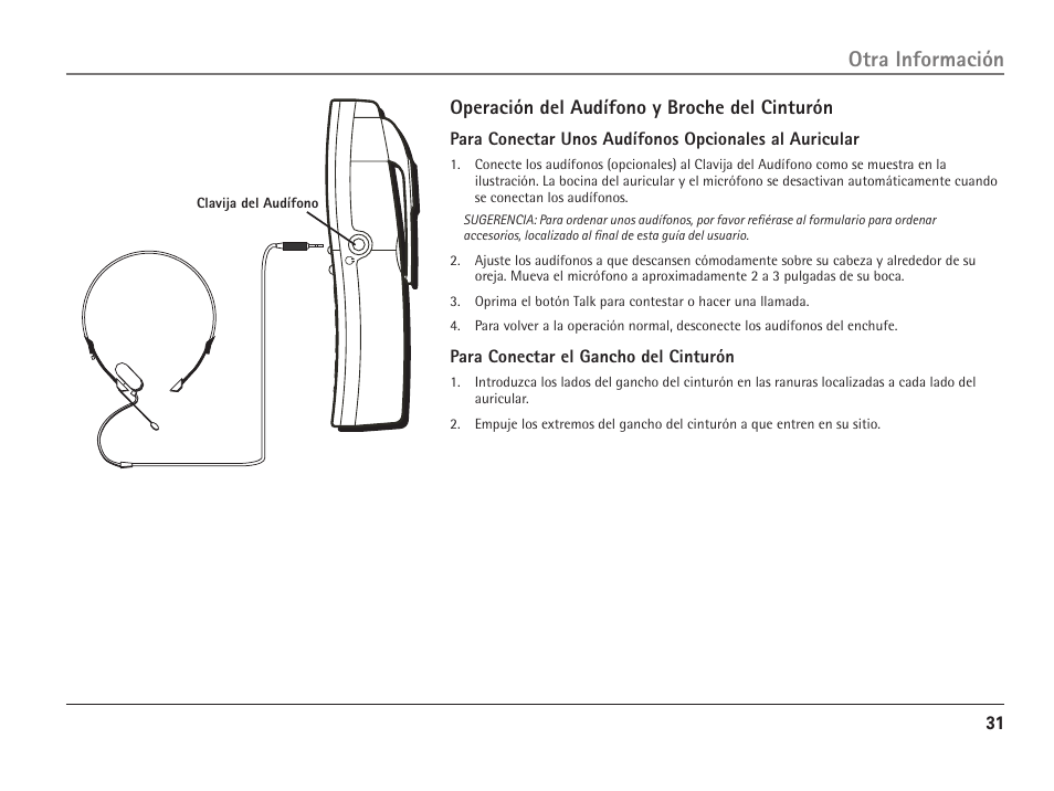 Otra información, Operación del audífono y broche del cinturón | RCA 25110 User Manual | Page 77 / 92
