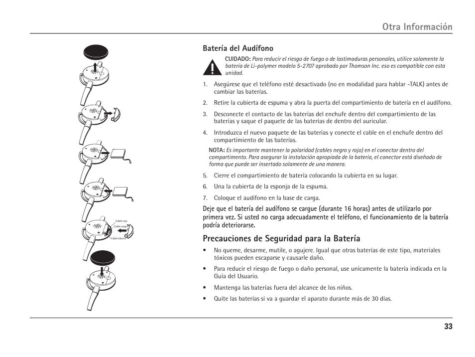 Otra información, Precauciones de seguridad para la batería | RCA 25110 User Manual | Page 79 / 92