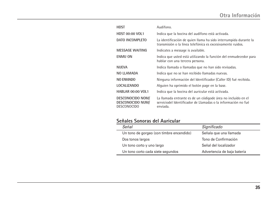Otra información, Señales sonoras del auricular | RCA 25110 User Manual | Page 81 / 92