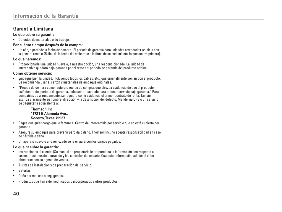Información de la garantía, Garantía limitada | RCA 25110 User Manual | Page 86 / 92