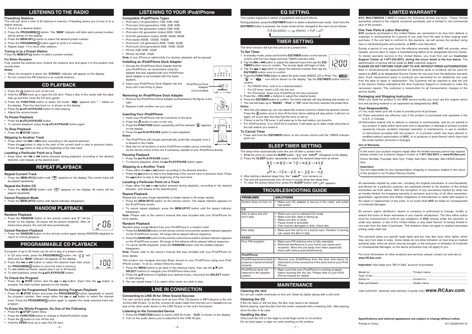 Eq setting line in connection, Maintenance, Sleep timer setting | RCA RS2128iH User Manual | Page 2 / 2