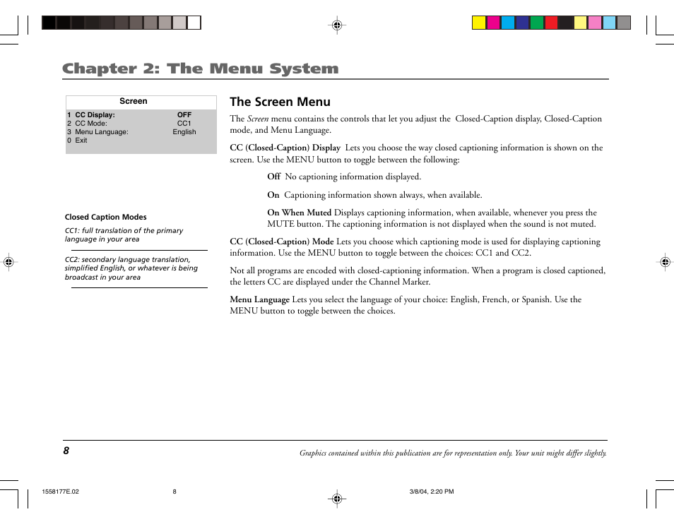 Chapter 2: the menu system, The screen menu | RCA E13320 User Manual | Page 10 / 24