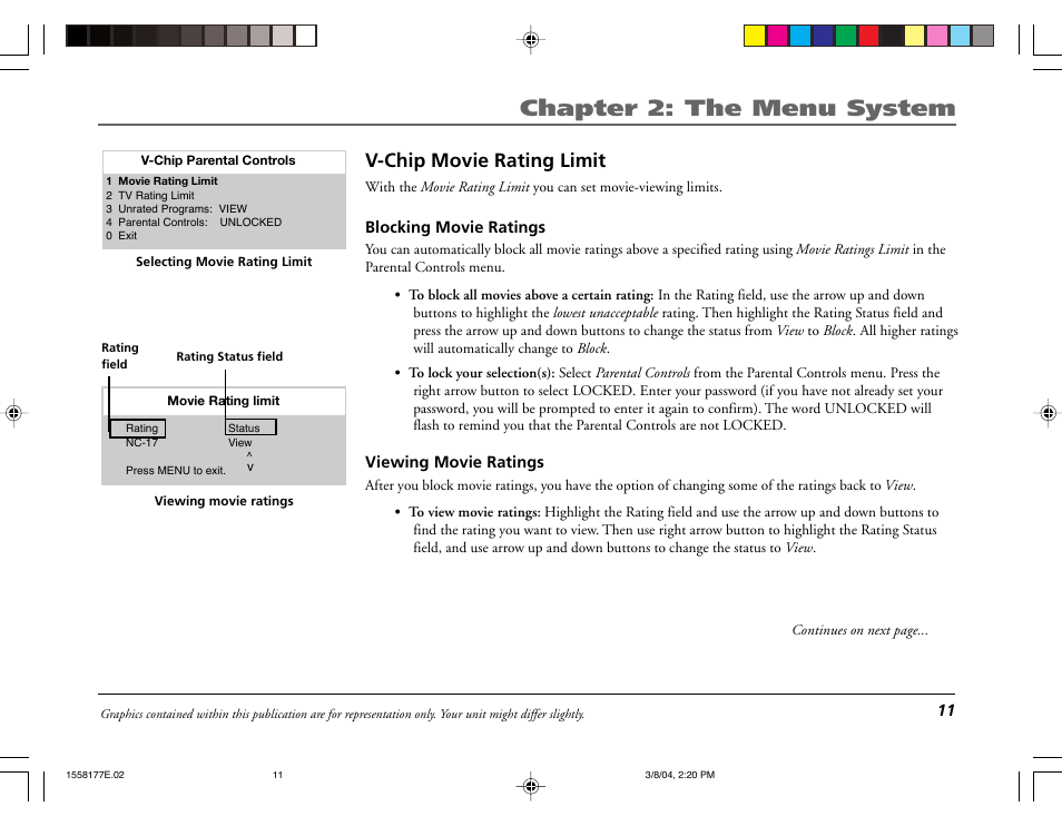 Chapter 2: the menu system, V-chip movie rating limit | RCA E13320 User Manual | Page 13 / 24