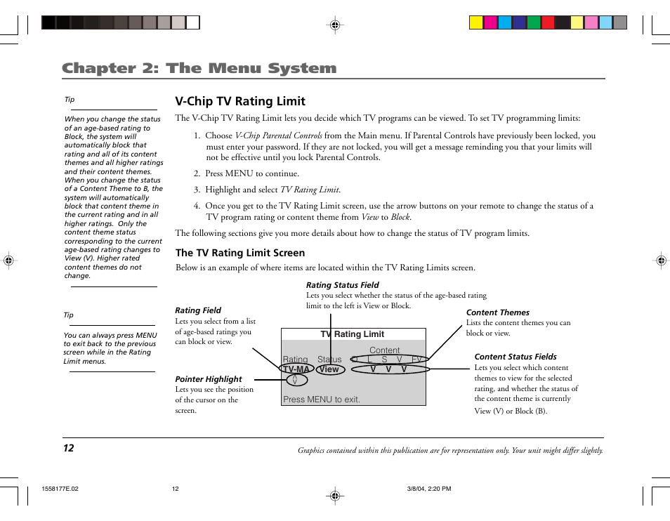 Chapter 2: the menu system, V-chip tv rating limit | RCA E13320 User Manual | Page 14 / 24