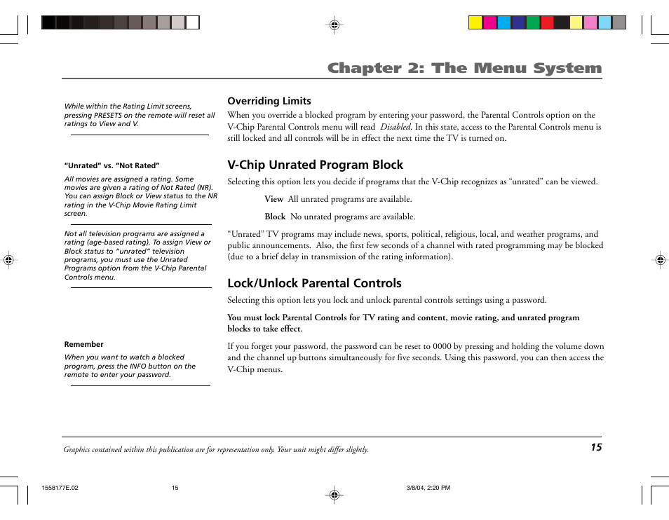 Chapter 2: the menu system, V-chip unrated program block, Lock/unlock parental controls | RCA E13320 User Manual | Page 17 / 24