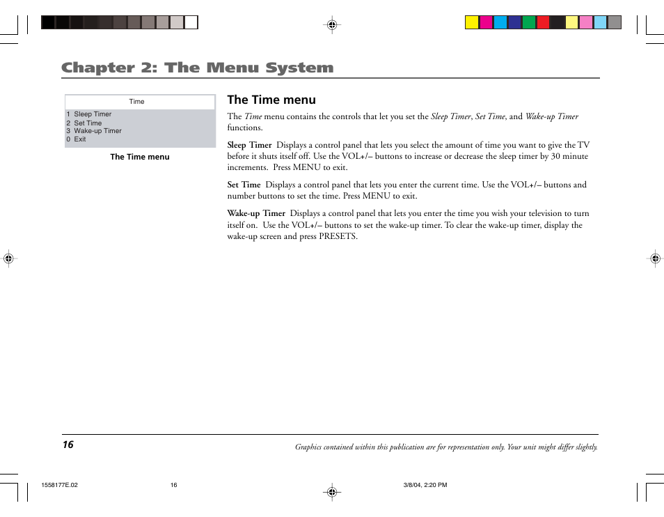 Chapter 2: the menu system, The time menu | RCA E13320 User Manual | Page 18 / 24