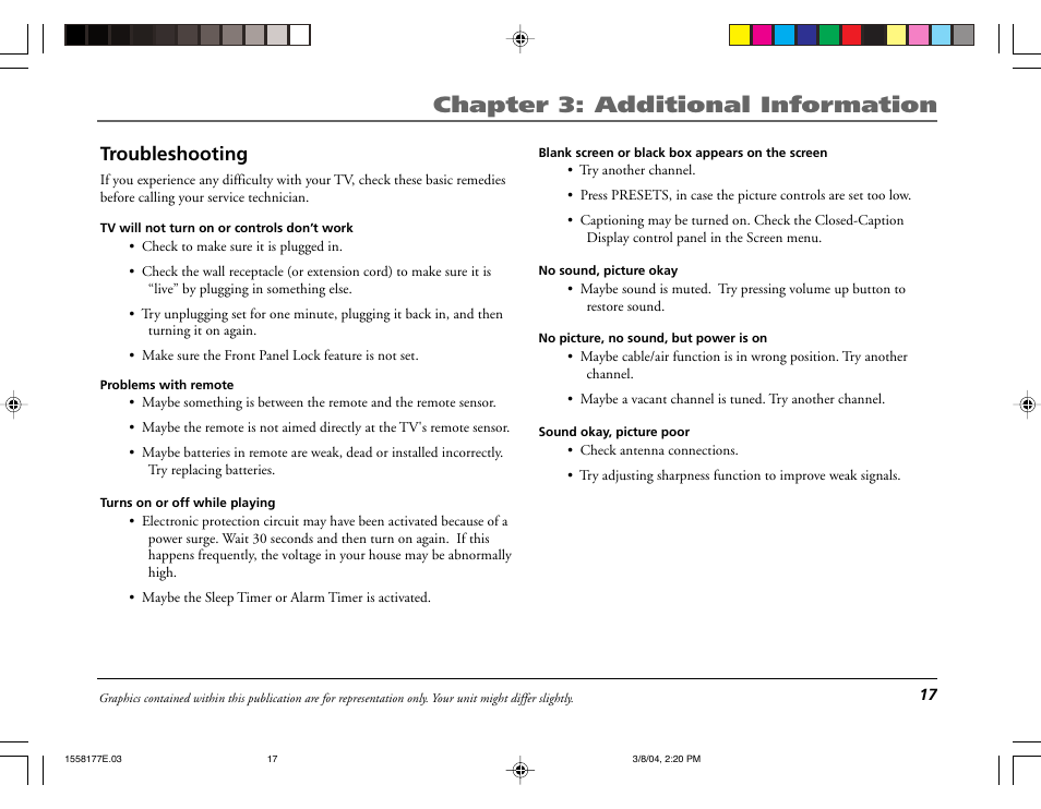 Chapter 3: additional information, Troubleshooting | RCA E13320 User Manual | Page 19 / 24