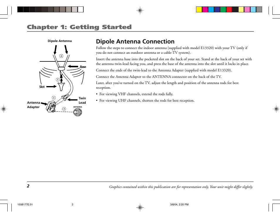 Chapter 1: getting started, Dipole antenna connection | RCA E13320 User Manual | Page 4 / 24