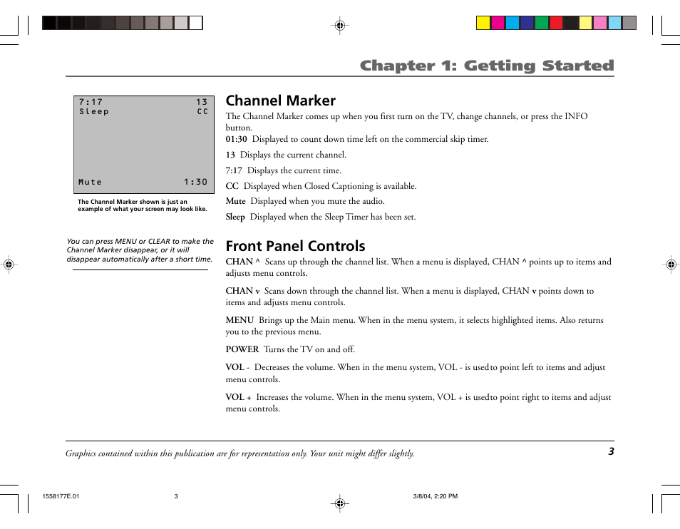 Chapter 1: getting started, Channel marker, Front panel controls | RCA E13320 User Manual | Page 5 / 24