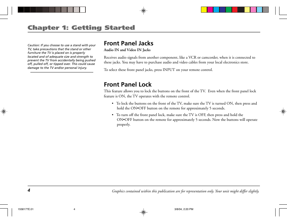 Chapter 1: getting started, Front panel jacks, Front panel lock | RCA E13320 User Manual | Page 6 / 24