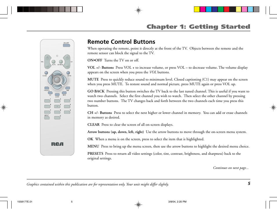 Chapter 1: getting started, Remote control buttons | RCA E13320 User Manual | Page 7 / 24