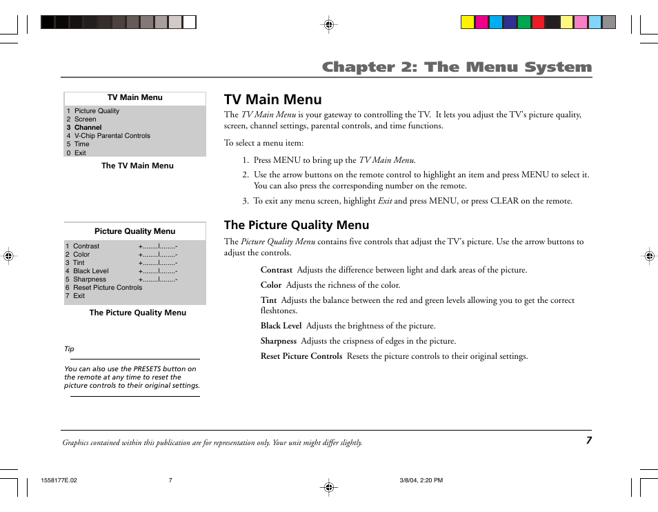 Chapter 2: the menu system, Tv main menu, The picture quality menu | RCA E13320 User Manual | Page 9 / 24