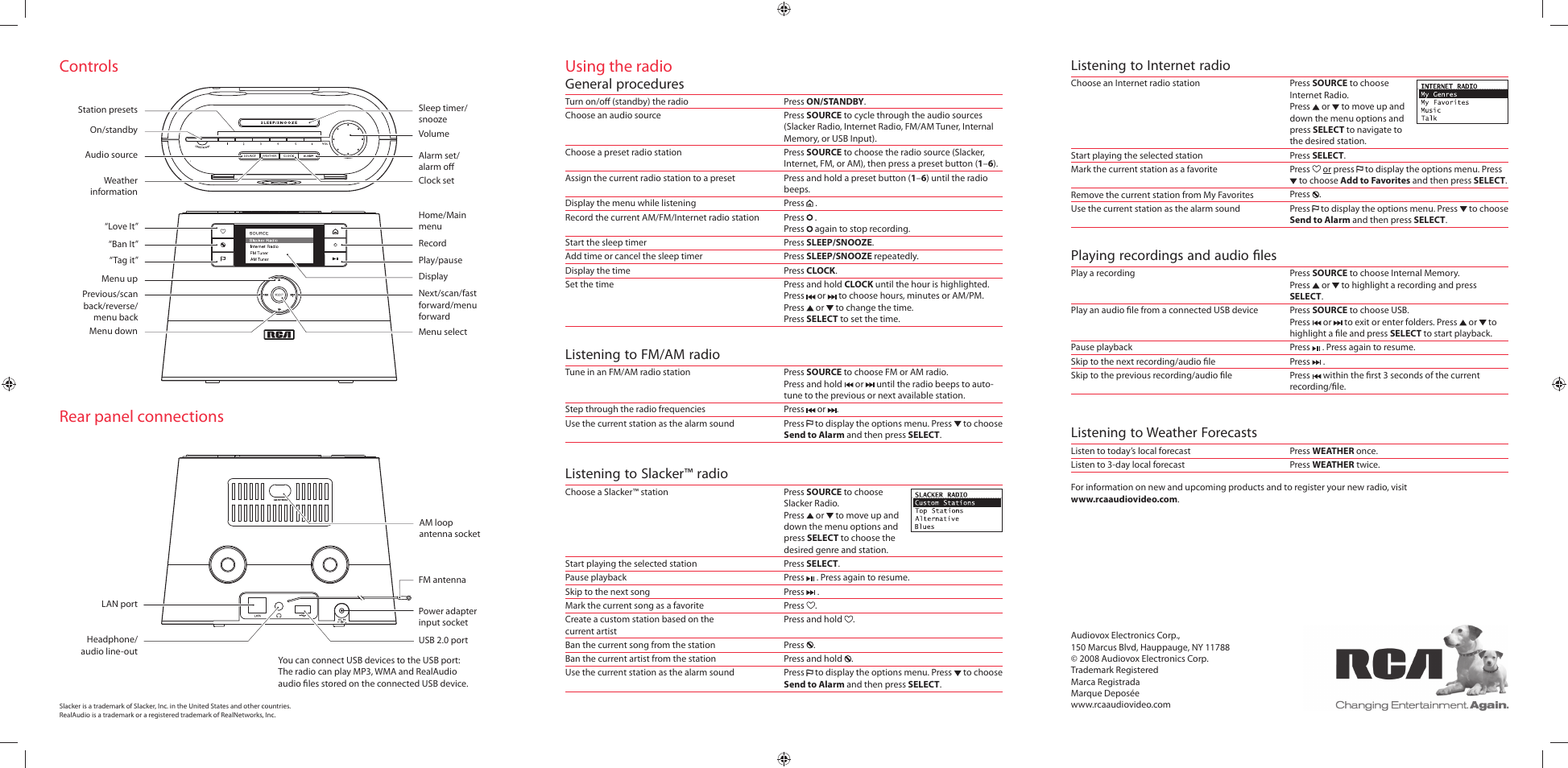 Controls, Using the radio, Rear panel connections | General procedures, Listening to fm/am radio, Playing recordings and audio fi les, Listening to weather forecasts | RCA RIR200 User Manual | Page 2 / 2