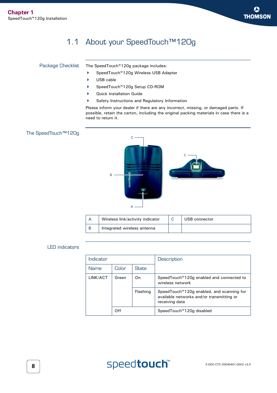 1 about your speedtouch™120g, Package checklist, The speedtouch™120g | Led indicators, About your speedtouch™120g, Chapter 1 | RCA 120g User Manual | Page 10 / 28