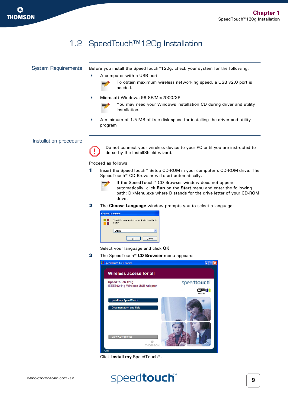 2 speedtouch™120g installation, System requirements, Installation procedure | Speedtouch™120g installation, Chapter 1 | RCA 120g User Manual | Page 11 / 28