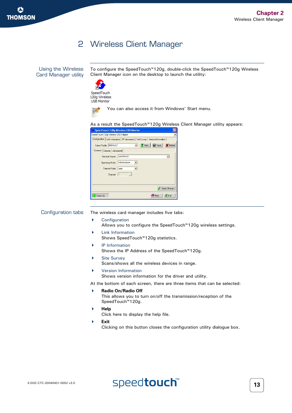 2 wireless client manager, Using the wireless card manager utility, Configuration tabs | Wireless client manager, Chapter 2 | RCA 120g User Manual | Page 15 / 28