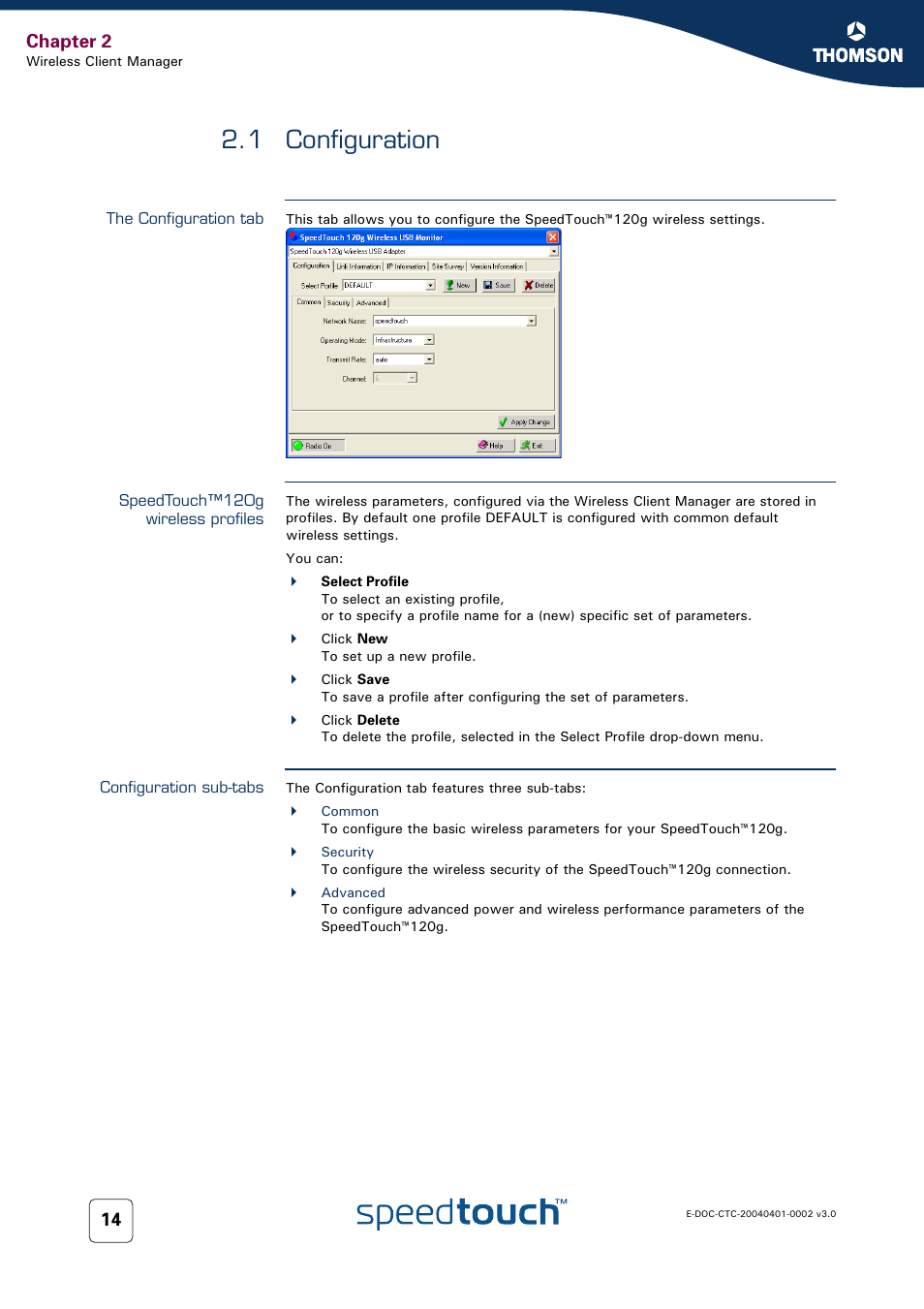 1 configuration, The configuration tab, Speedtouch™120g wireless profiles | Configuration sub-tabs, Configuration, Chapter 2 | RCA 120g User Manual | Page 16 / 28