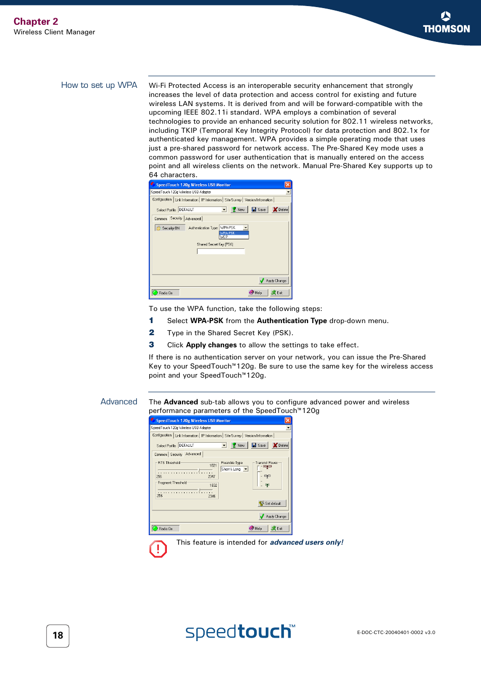 How to set up wpa, Advanced, Chapter 2 | RCA 120g User Manual | Page 20 / 28