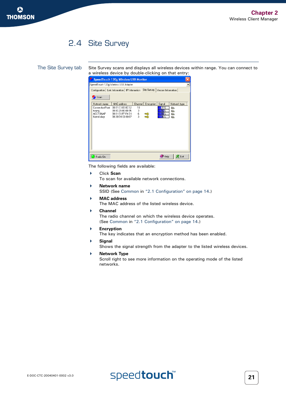 4 site survey, The site survey tab, Site survey | Chapter 2 | RCA 120g User Manual | Page 23 / 28