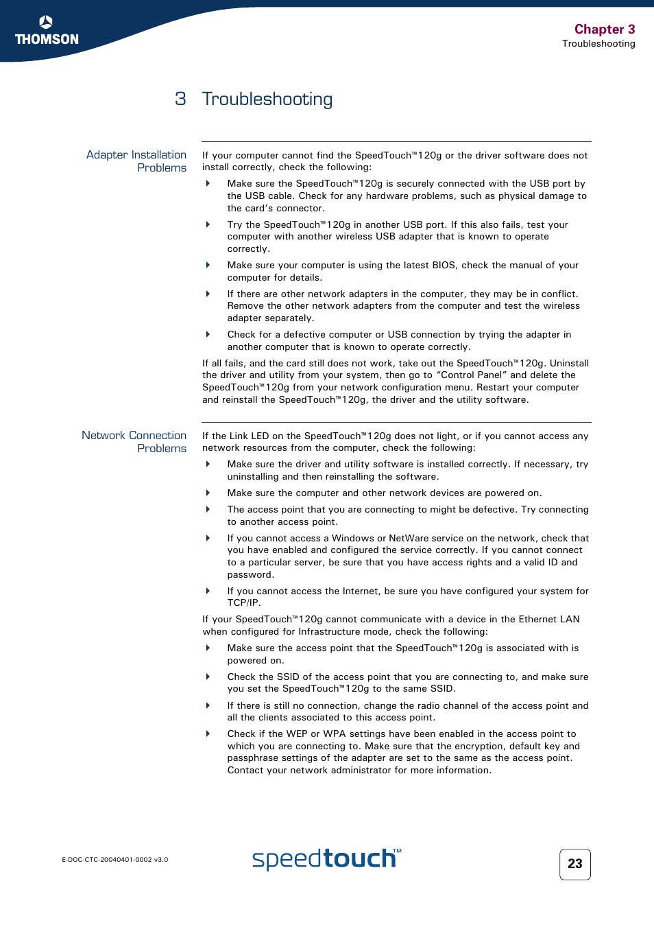 3 troubleshooting, Adapter installation problems, Network connection problems | Troubleshooting, Chapter 3 | RCA 120g User Manual | Page 25 / 28