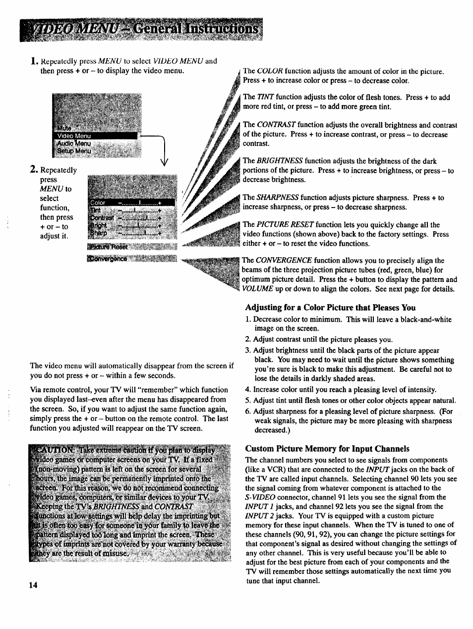 Adjusting for a color picture that pleases you, Custom picture memory for input channels | RCA COLOR TV NCJ11 User Manual | Page 16 / 56