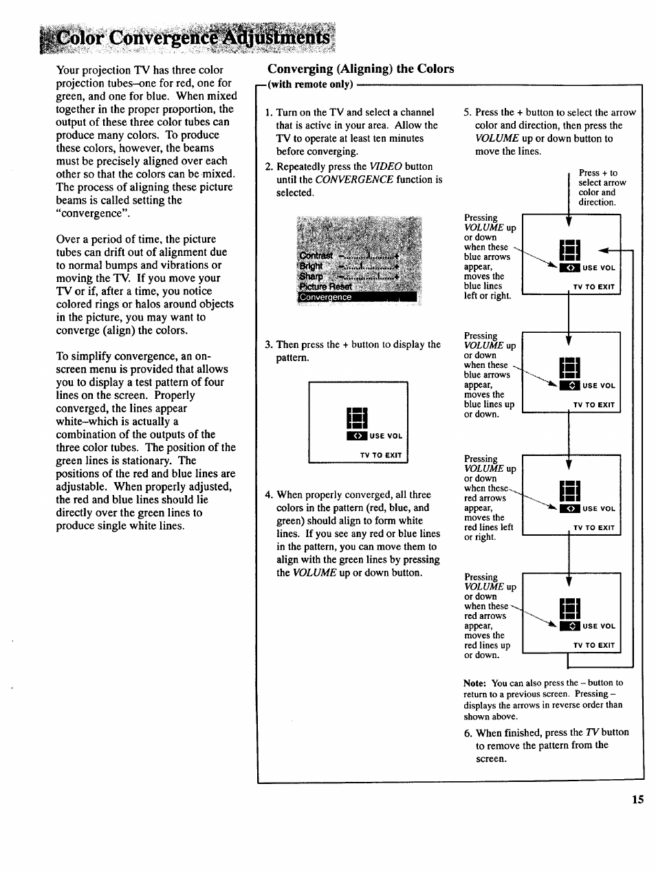 Converging (aligning) the colors, Lôlor coùvé, Video | Convergence, Volume | RCA COLOR TV NCJ11 User Manual | Page 17 / 56