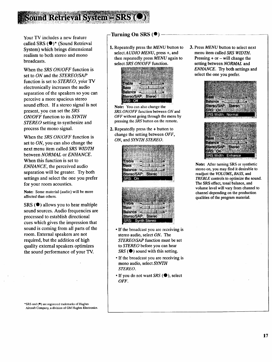 Ound retrieval system - srs (•) | RCA COLOR TV NCJ11 User Manual | Page 19 / 56