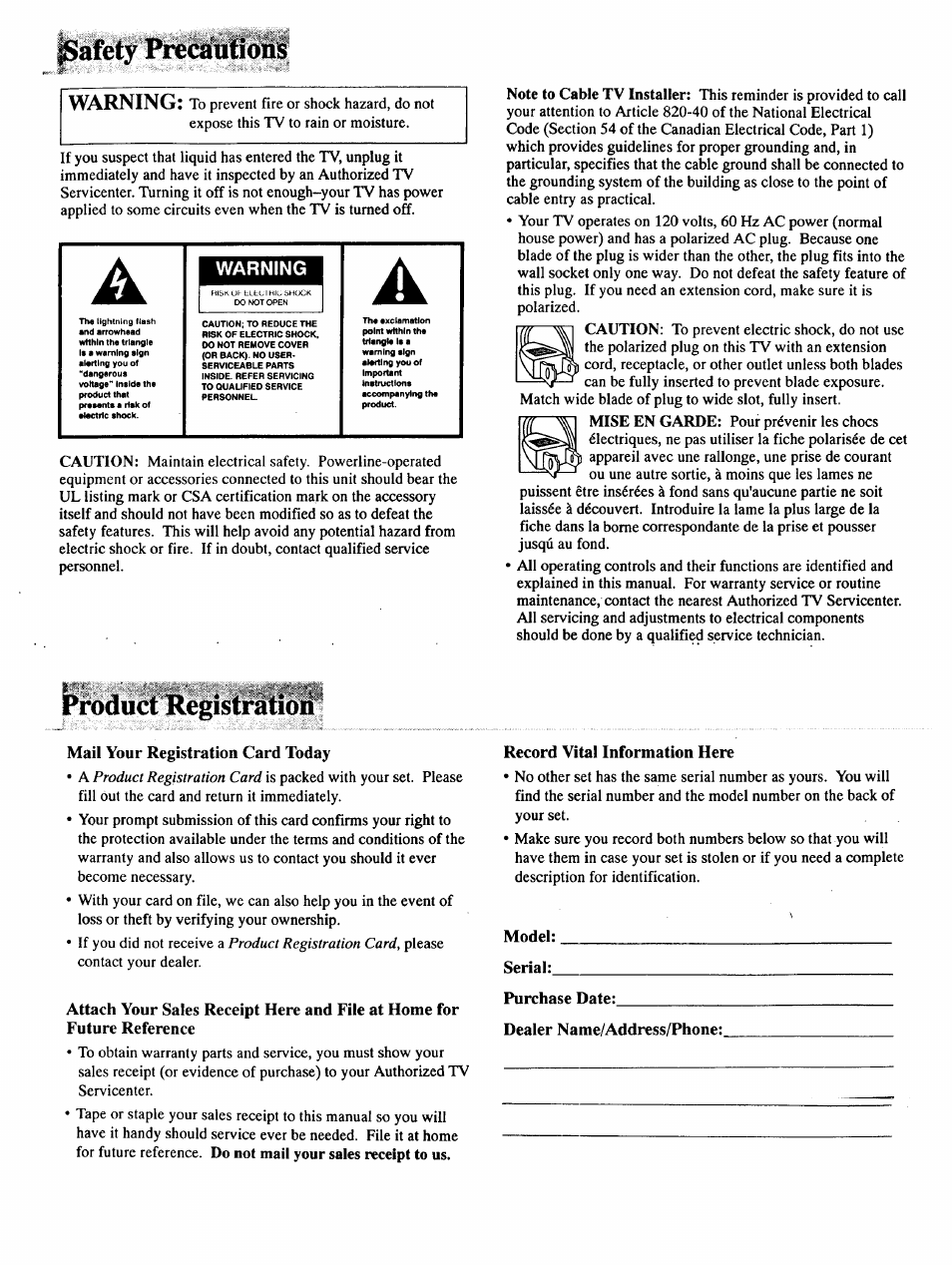 Safety prec^nâml, Warning, Product registration | Mail your registration card today, Future reference, Record vital information here, Model, Serial, Purchase date, Dealer name/address/phone | RCA COLOR TV NCJ11 User Manual | Page 2 / 56