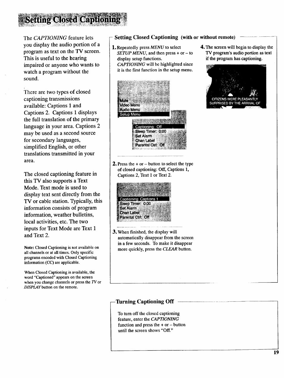 Setting closed captioning (with or without remote), I—ibrning captioning off, Éttià | RCA COLOR TV NCJ11 User Manual | Page 21 / 56