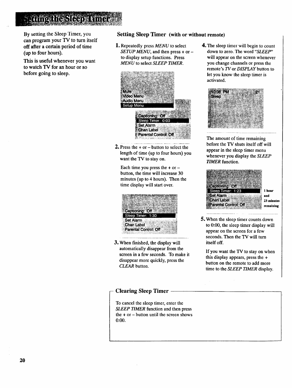 Clearing sleep timer | RCA COLOR TV NCJ11 User Manual | Page 22 / 56