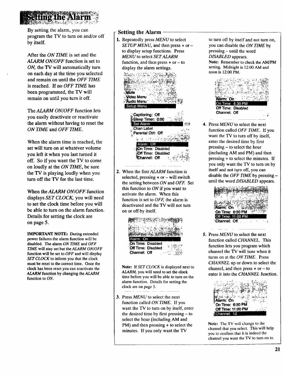 Setting the alarm | RCA COLOR TV NCJ11 User Manual | Page 23 / 56