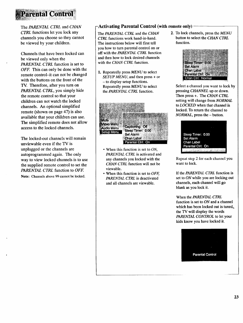 Activating parental control (with remote only), Arental contròl | RCA COLOR TV NCJ11 User Manual | Page 25 / 56