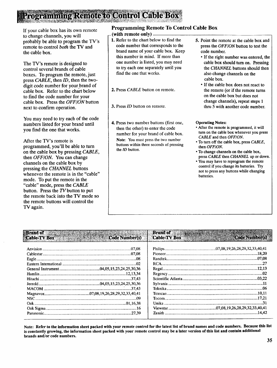 Mining remote to control cable box, Brand of cable-lv box, Code number(s) | Brand of cal>le-t\' box, Code numbcr(s), Cable, Offion, Channel | RCA COLOR TV NCJ11 User Manual | Page 37 / 56