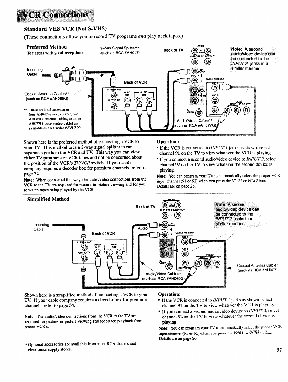 Preferred method, Simplified method, Note; a second audio/video device can | Cr connections, Input 1, Input, Vcrl, Vcr2, Input 2 | RCA COLOR TV NCJ11 User Manual | Page 39 / 56