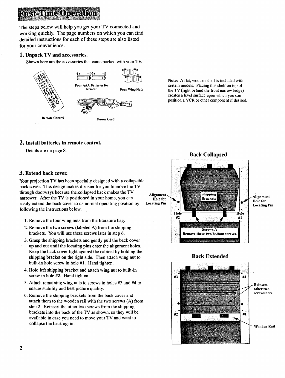 Unpack tv and accessories, Install batteries in remote control, Extend back cover | RCA COLOR TV NCJ11 User Manual | Page 4 / 56