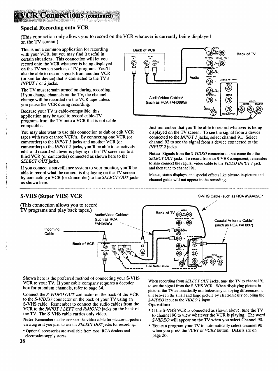 Spécial recording onto vcr, S-vhs (super vhs) vcr | RCA COLOR TV NCJ11 User Manual | Page 40 / 56