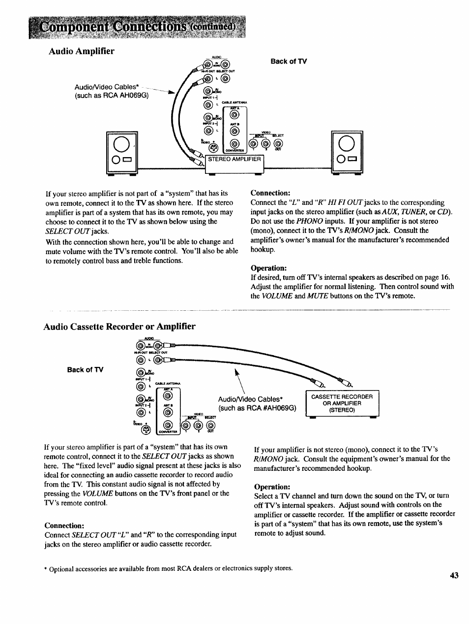 Audio amplifler, Audio cassette recorder or amplifier, Component cònii | Ions (contini | RCA COLOR TV NCJ11 User Manual | Page 45 / 56